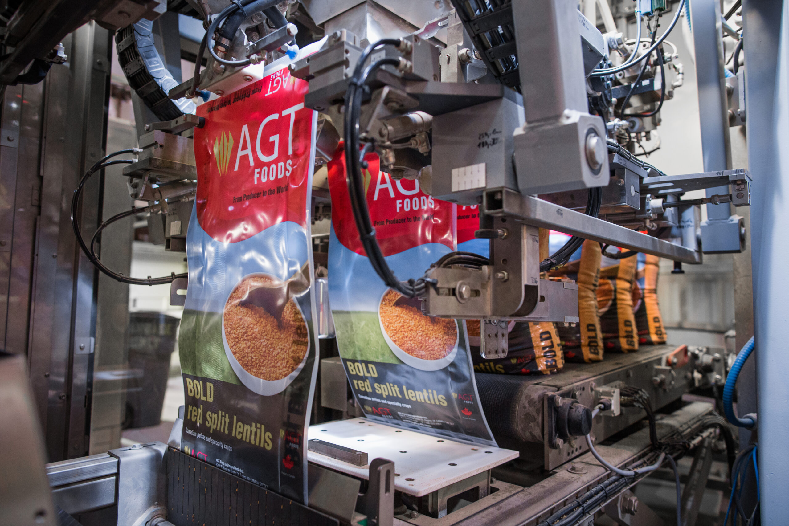 Automated packaging equipment filling AGT Foods bags with red split lentils, showcasing modern pulse processing and technology.
