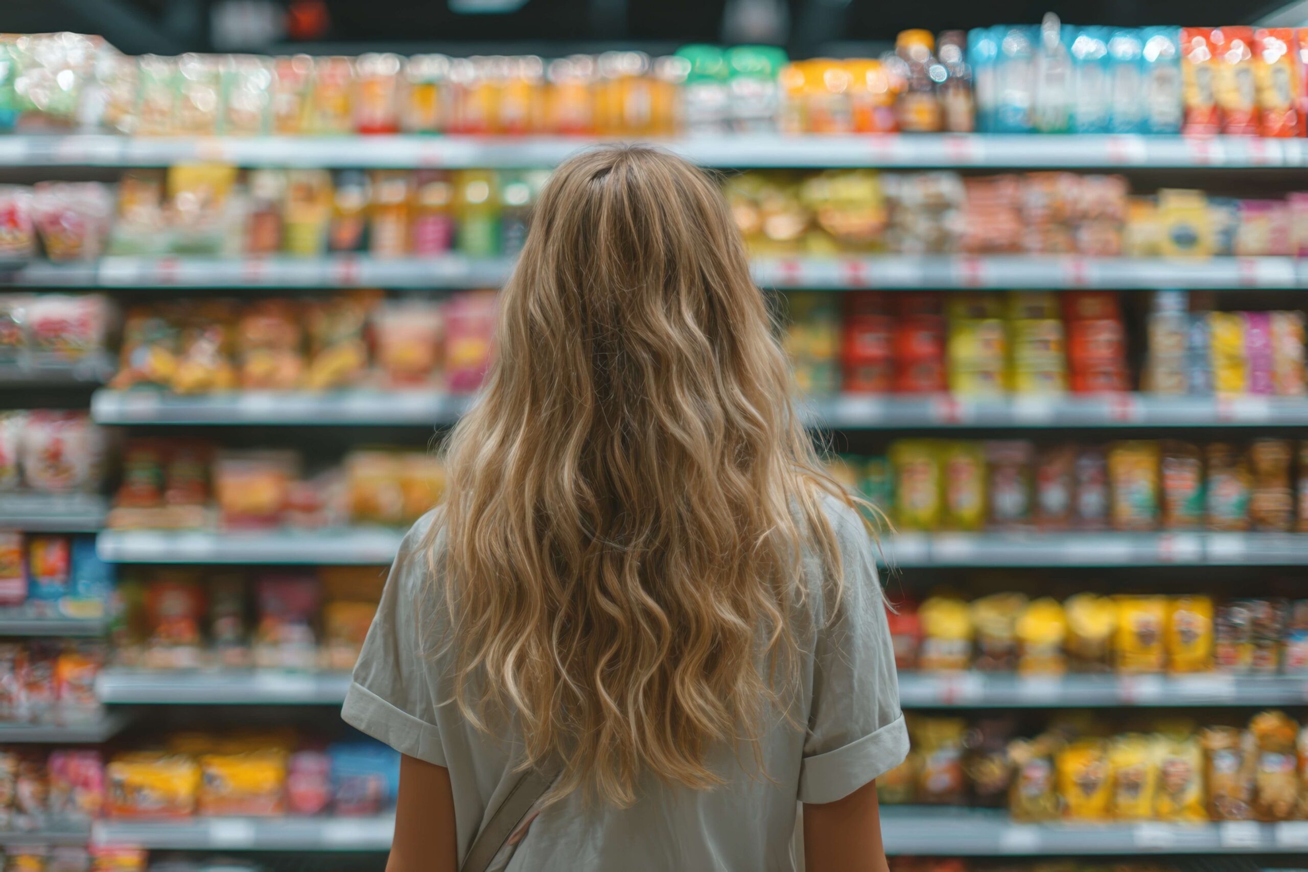 Shopper standing in front of a grocery store aisle, evaluating food options among a wide range of products.