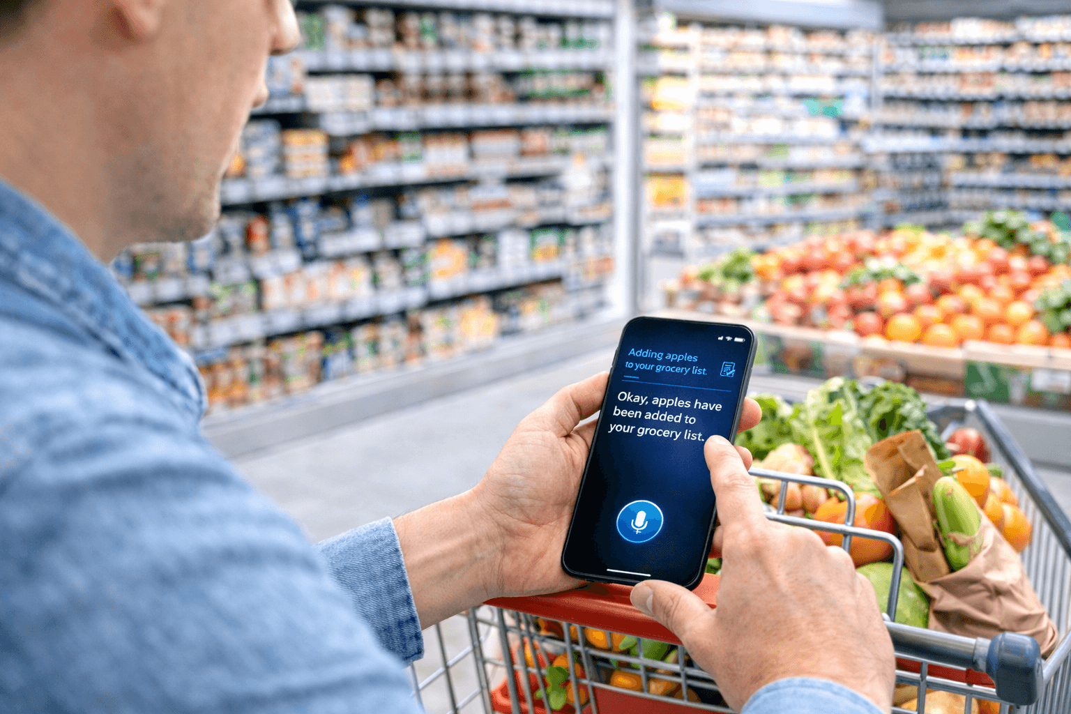 Customer using AI-powered shopping assistant in retail store